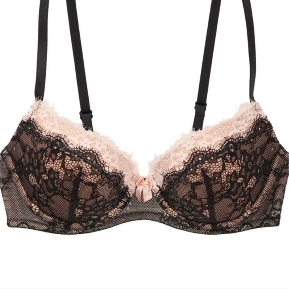Adore Me Lingerie Lace Black Pink Balconette Bow 36DDD Emanuelly Push Up Bra - Picture 1 of 6